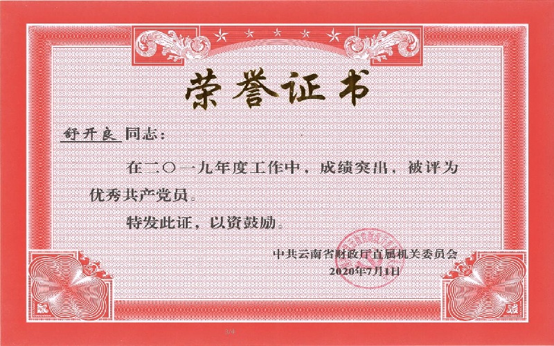 财政厅直属机关委员会2019年度优秀共产党员-舒开良