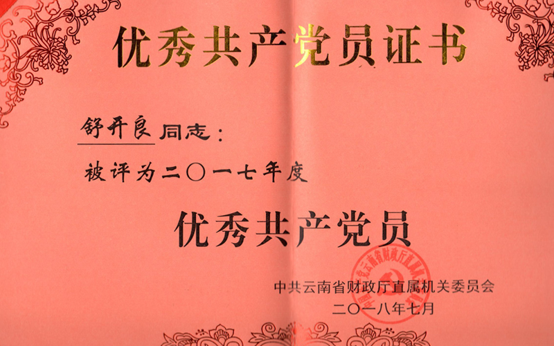 云南省财政厅2017年度优秀共产党员荣誉证书-舒开良