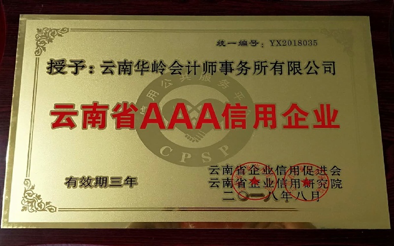 云南华岭会计师事务所有限公司云南省AAA信用企业证书