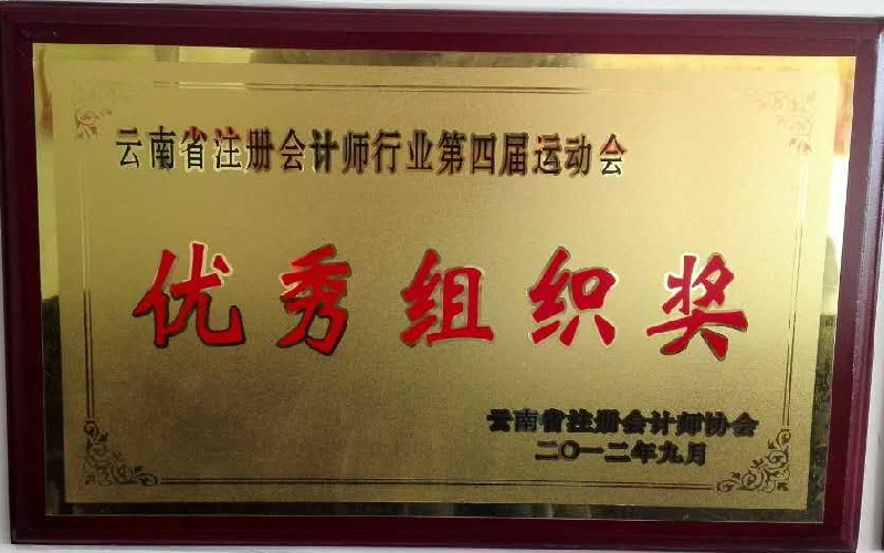 云南省注册会计师行业第四届运动会优秀组织奖2012.9