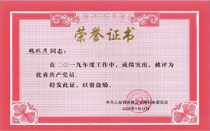 魏秋月——2019年度优秀共产党员（行业党委）
