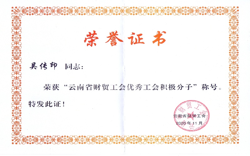 云南省财贸工会优秀工会积极分子-吴传印2020.11